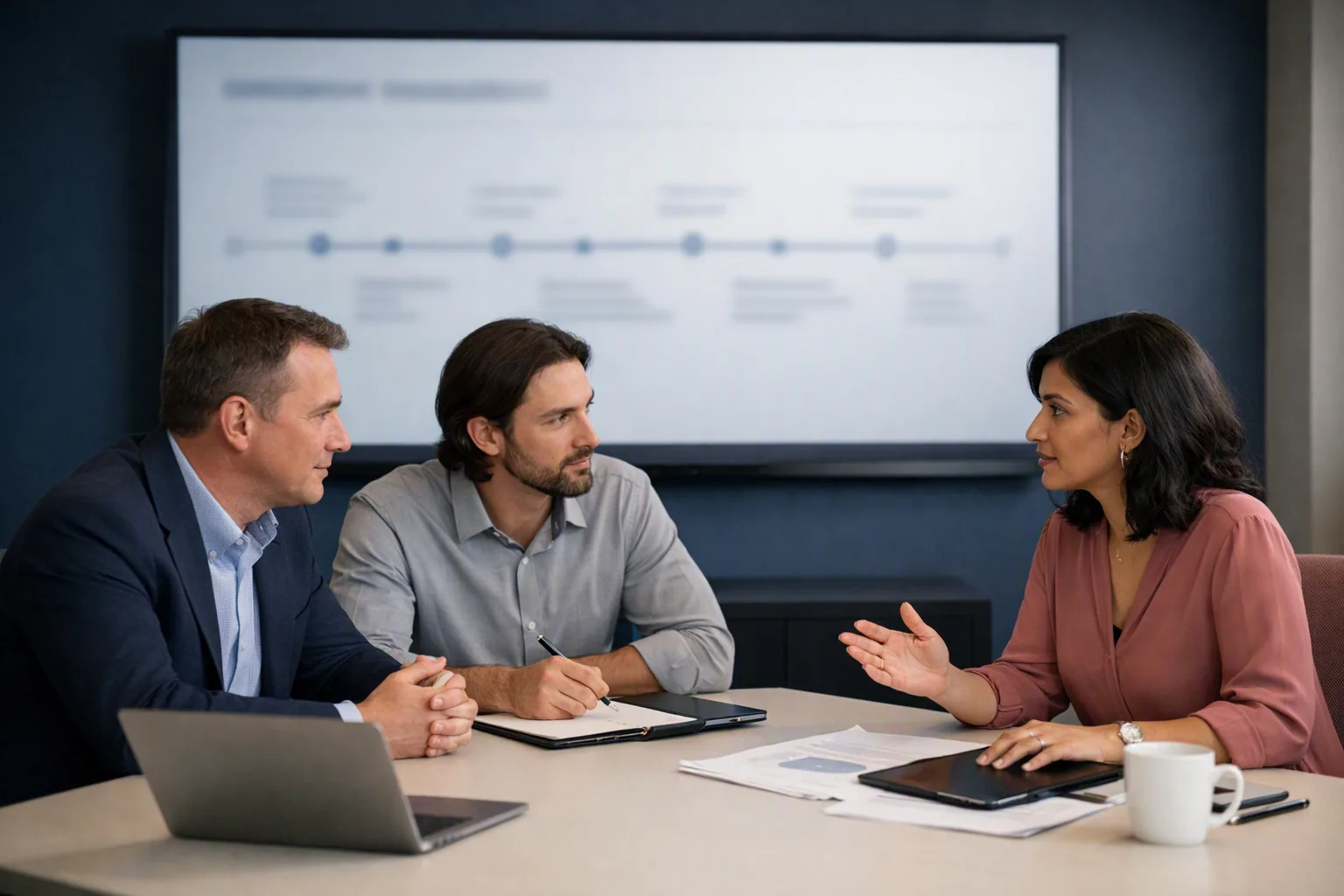 Three colleagues discuss an evaluation plan in front of an abstract milestone display.