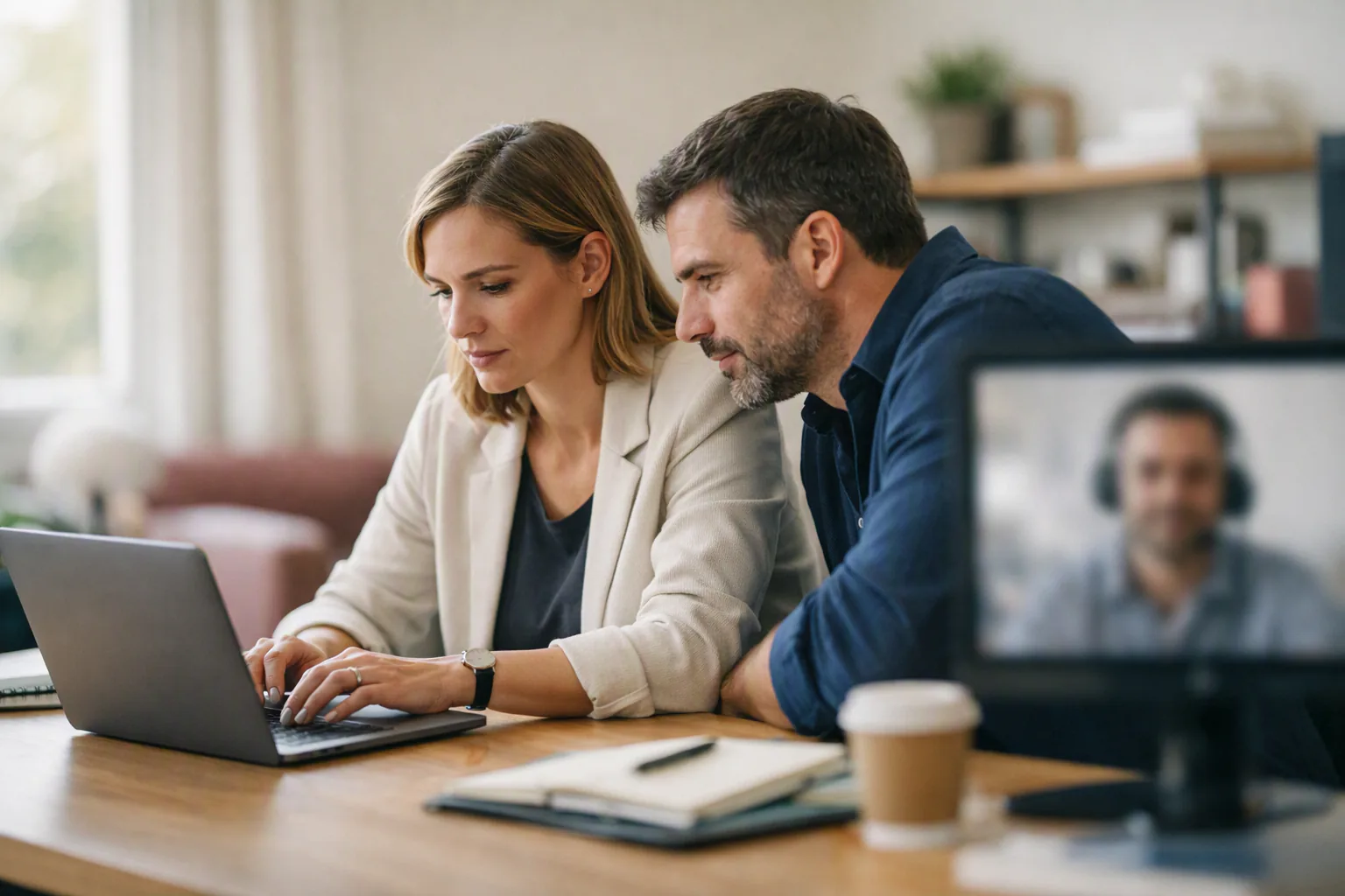 Two colleagues review content on a laptop while a remote teammate joins by video.