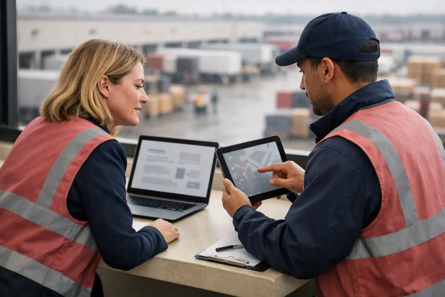 Two logistics specialists review a route plan on a tablet overlooking a distribution hub.
