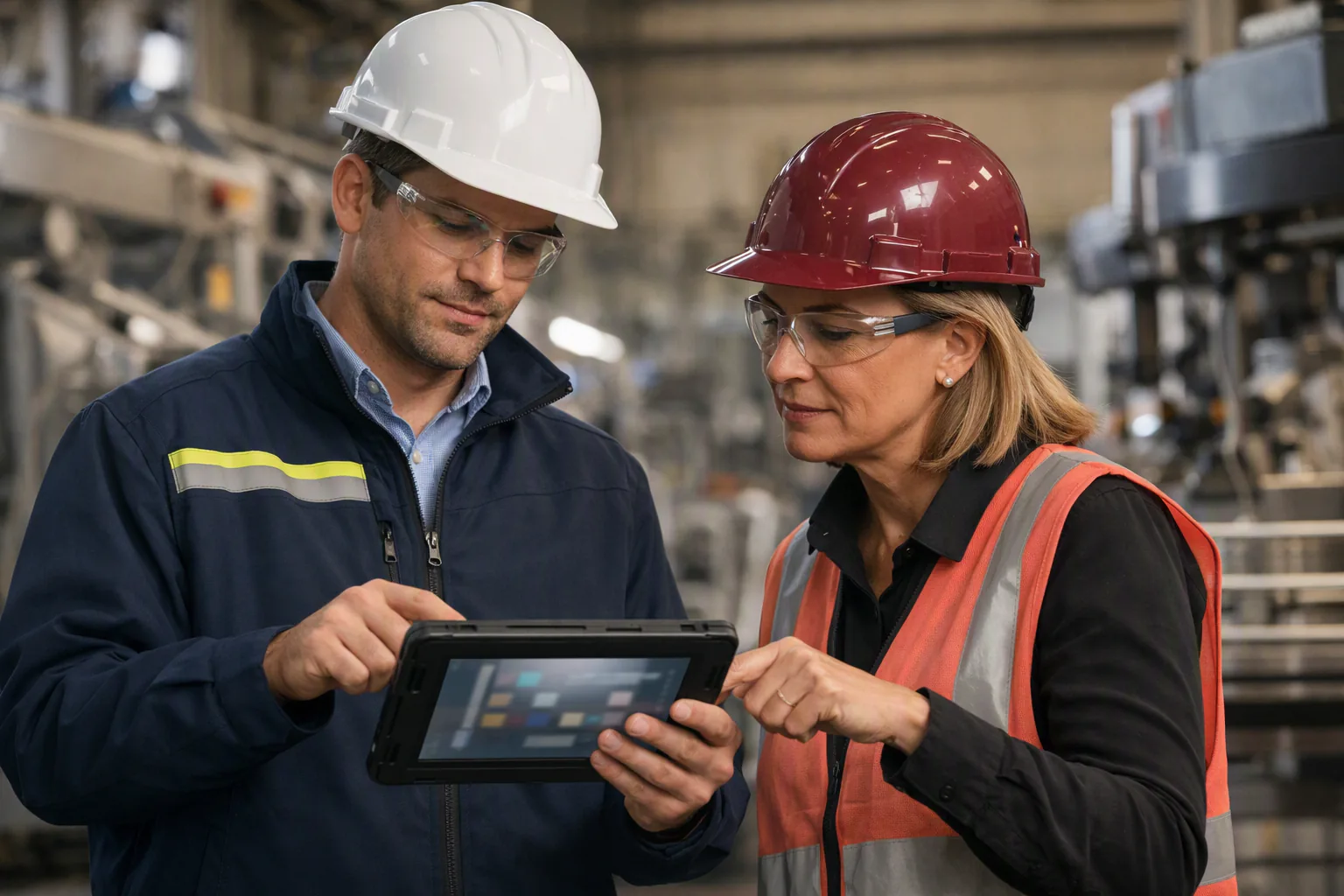 Two industrial workers in safety gear review information on a tablet beside factory equipment.