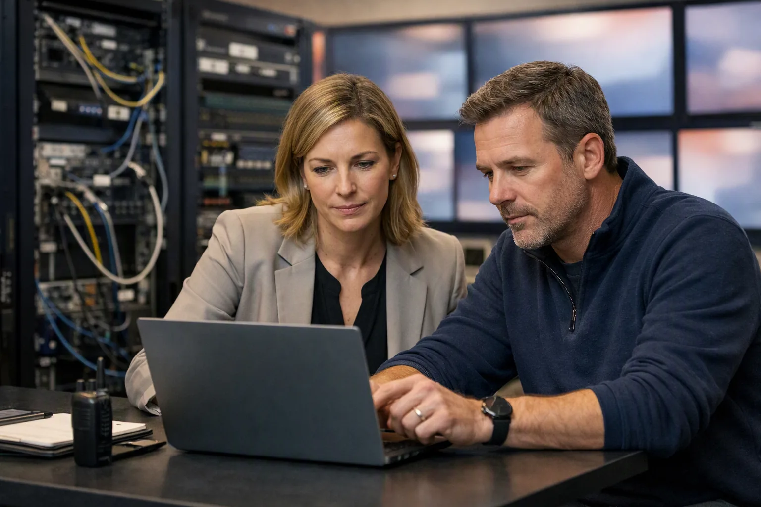 Two technology specialists review a laptop beside network equipment and monitoring screens.