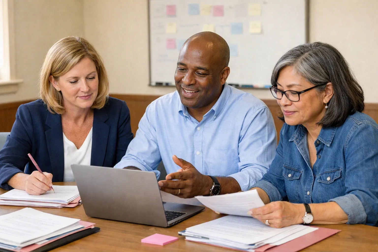 Three colleagues review proposal documents around a laptop in a meeting room.